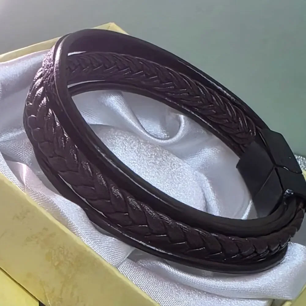 Brown Genuine Braided Brown  Leather Titanium Magnetic…